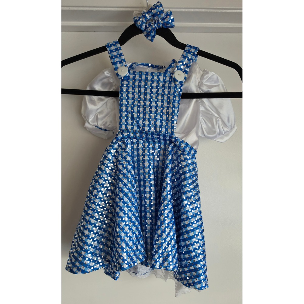 Wizard of Oz Dorothy Toddler Costume 3T-4T Blue Gingham Sequin Dress with Bows